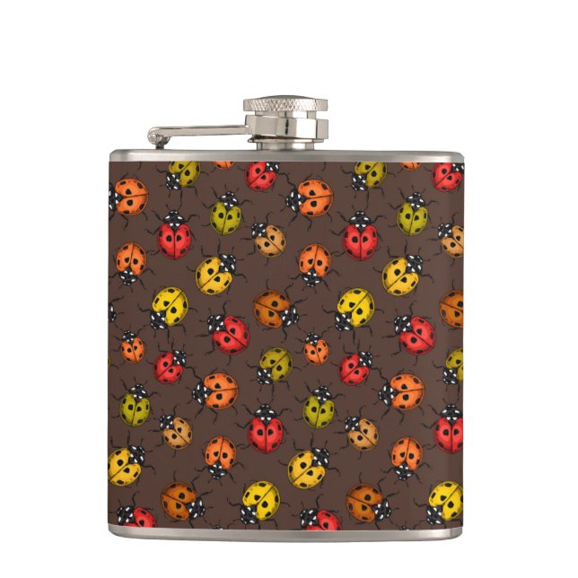 Colourful ladybugs on brown hip flask (Front)