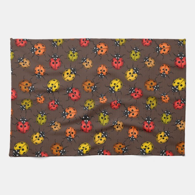Colourful ladybugs on brown kitchen towel (Horizontal)