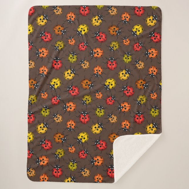 Colourful ladybugs on brown sherpa blanket (Front)