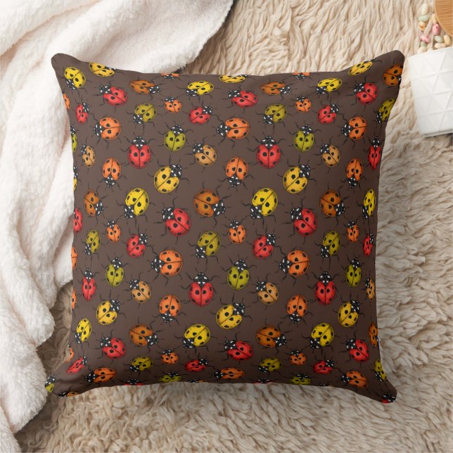 Colourful ladybugs on brown throw pillow (Blanket)