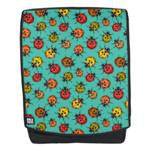 Colourful ladybugs on turquoise backpack