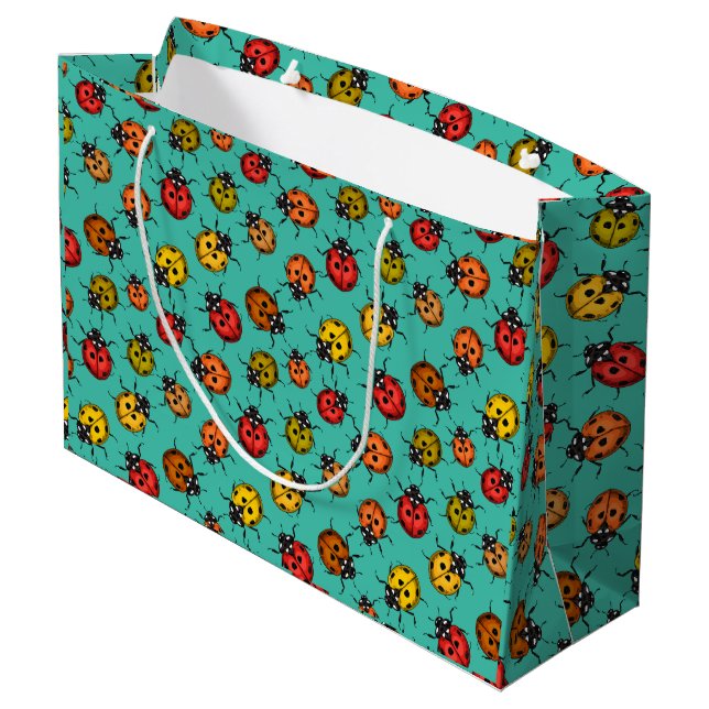 Colourful ladybugs on turquoise large gift bag (Back Angled)