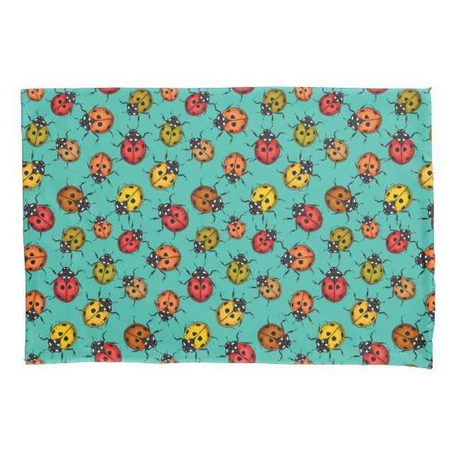 Colourful ladybugs on turquoise pillowcase (Front)