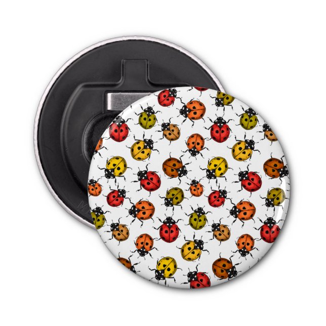 Colourful ladybugs on white bottle opener (Front)