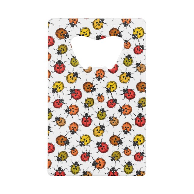 Colourful ladybugs on white credit card bottle opener (Front)