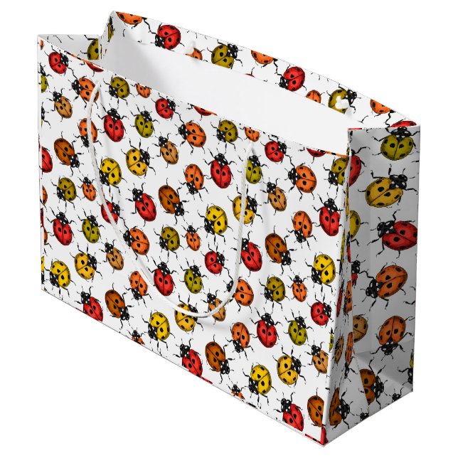 Colourful ladybugs on white large gift bag (Back Angled)