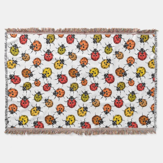 Colourful ladybugs on white throw blanket (Front)