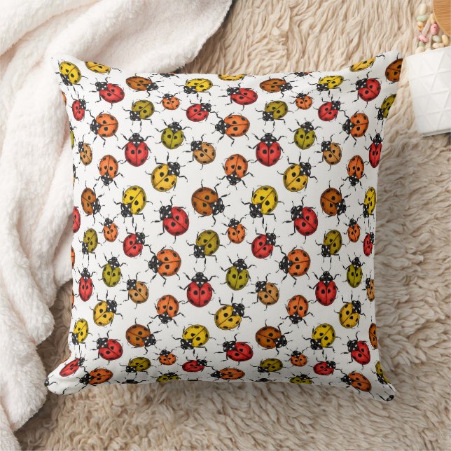 Colourful ladybugs on white throw pillow (Blanket)