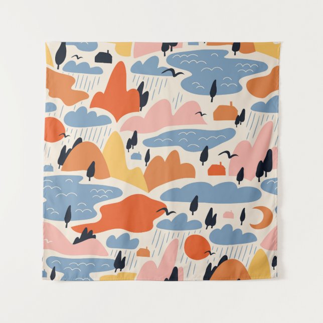 Colourful landscape, mountains, lakes, seamless. tapestry (Front)