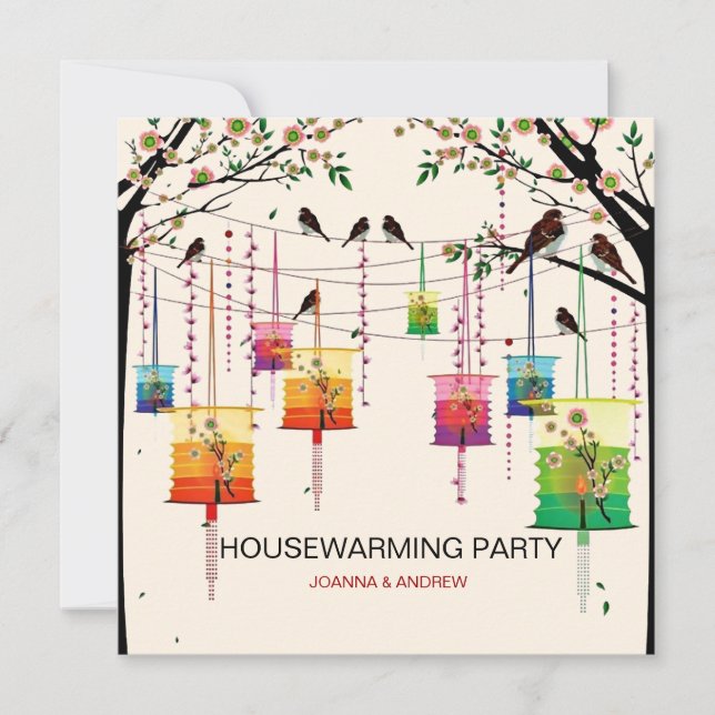 Colourful Lanterns Cherry Tree Birds Housewarming Invitation (Front)