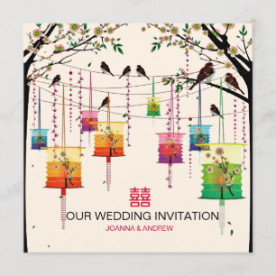 Colourful Lanterns Cherry Tree Birds Spring Weddin Invitation
