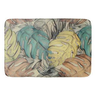 Colourful large tropical leaves watercolor paintin bath mat
