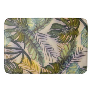 Colourful large tropical leaves watercolor paintin bath mat