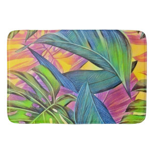 Colourful large tropical leaves watercolor paintin bath mat