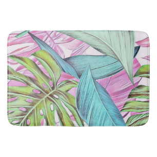 Colourful large tropical leaves watercolor paintin bath mat