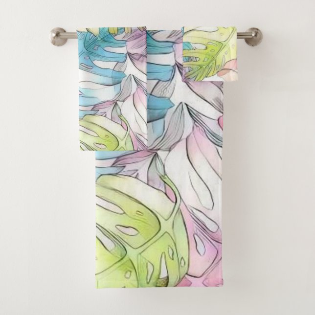Colourful large tropical leaves watercolor paintin bath towel set (Insitu)