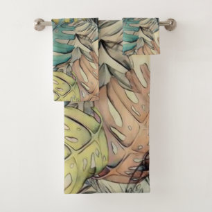 Colourful large tropical leaves watercolor paintin bath towel set