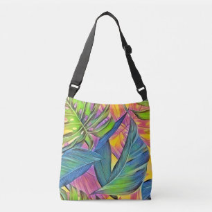 Colourful large tropical leaves watercolor paintin crossbody bag