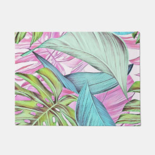 Colourful large tropical leaves watercolor paintin doormat