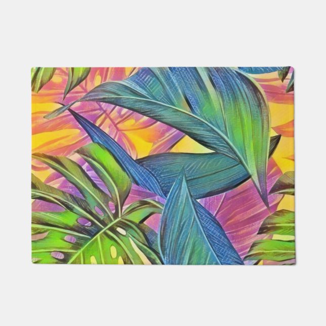 Colourful large tropical leaves watercolor paintin doormat (Front)