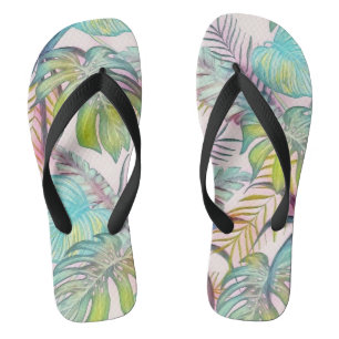 Colourful large tropical leaves watercolor paintin flip flops