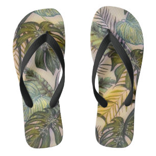 Colourful large tropical leaves watercolor paintin flip flops