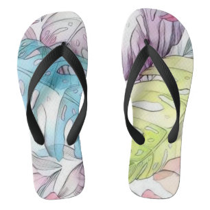Colourful large tropical leaves watercolor paintin flip flops