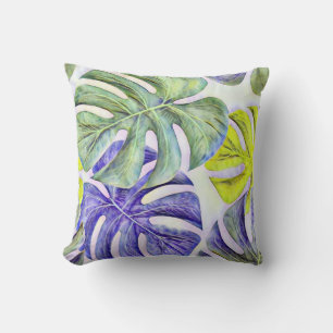 Colourful large tropical leaves watercolor paintin throw pillow