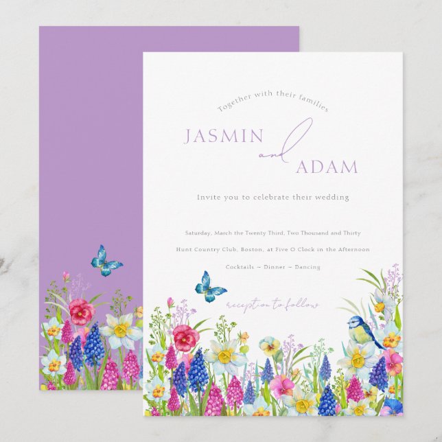 Colourful Lavender Butterfly Monogram Wedding Invitation (Front/Back)