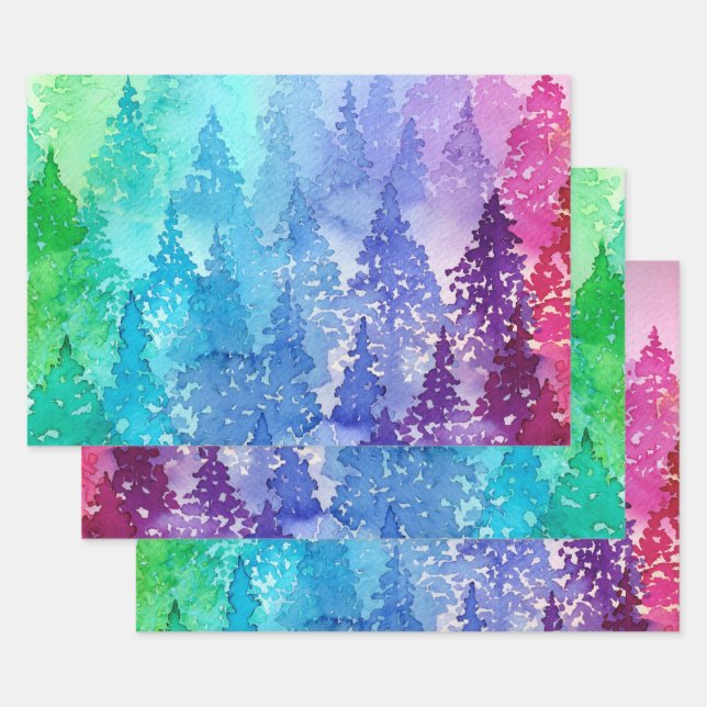Colourful Layered Watercolor Trees Wrapping Paper Sheet (Set)