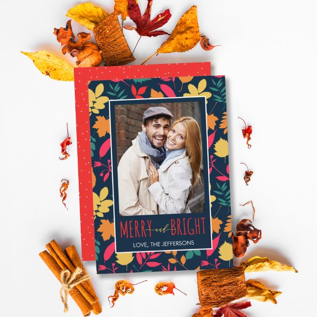 Colourful Leaf Pattern Merry & Bright Holiday Card (Creator Uploaded)