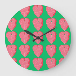 Colourful Leaf Pattern on Green Background Large Clock