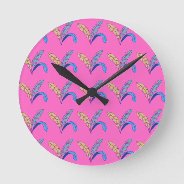 Colourful Leaf Pattern on Pink Background Round Clock (Front)