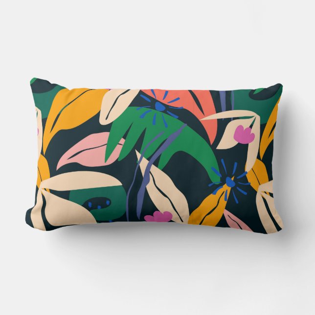 Colourful leaf pattern, vibrant lumbar pillow (Front)