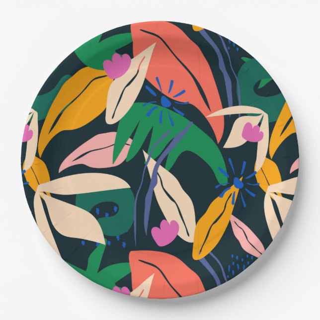 Colourful leaf pattern, vibrant paper plate (Front)