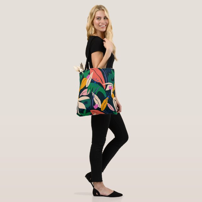 Colourful leaf pattern, vibrant tote bag (On Model)