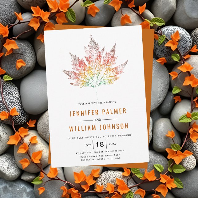 Colourful leaf print burnt orange fall wedding invitation (Creator Uploaded)