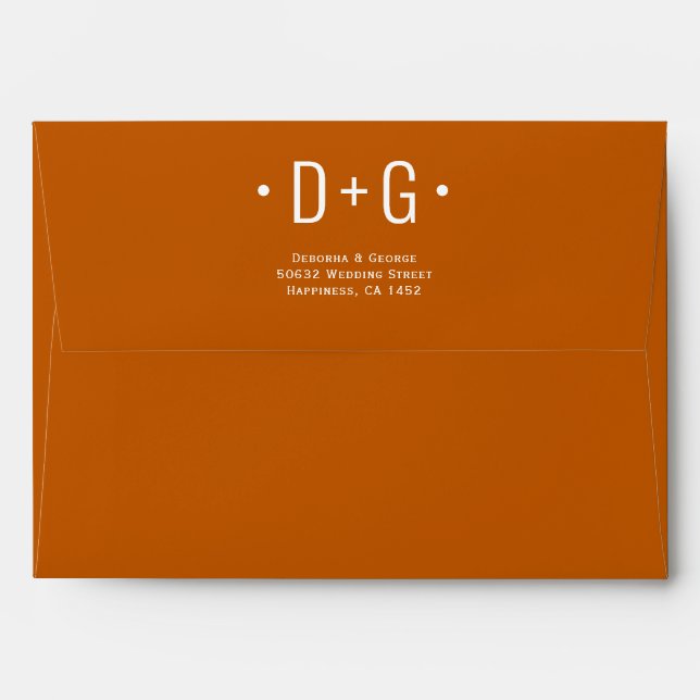 Colourful leaf print, initials burnt orange weddin envelope (Back (Top Flap))