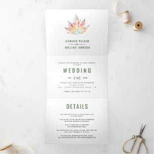 Colourful leaf print moss green fall wedding Tri-Fold invitation