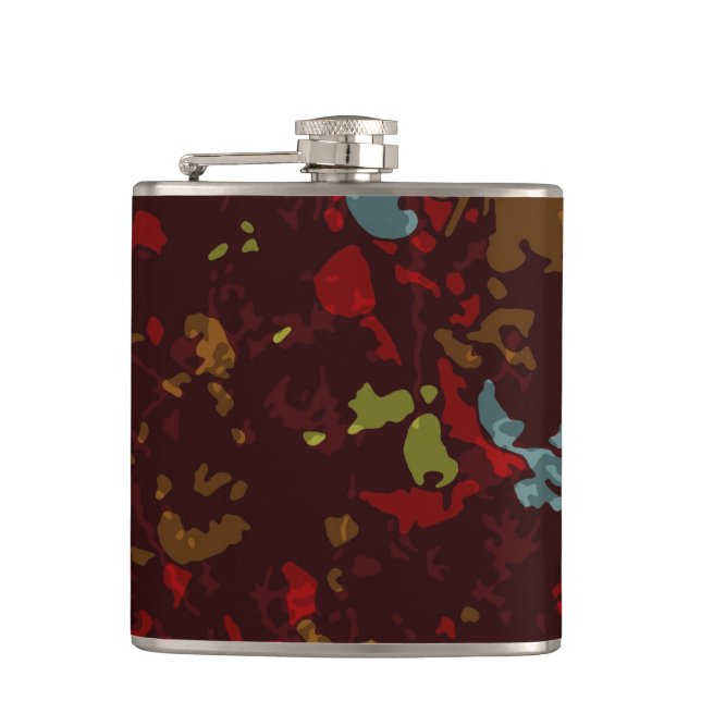 Colourful leaves and flowers against camouflage hip flask (Front)