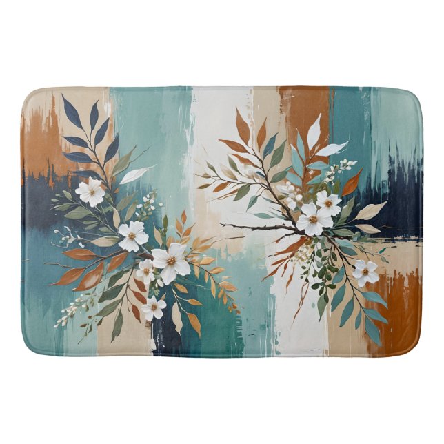Colourful Leaves Floral Abstract Teal Blue Rust Ta Bath Mat (Front)