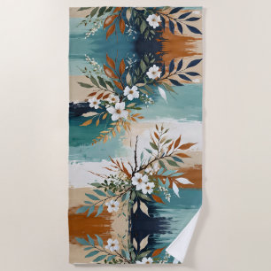 Colourful Leaves Floral Abstract Teal Blue Rust Ta Beach Towel
