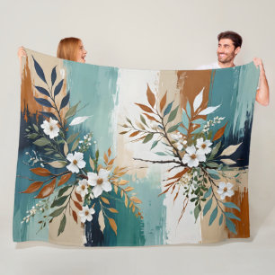 Colourful Leaves Floral Abstract Teal Blue Rust Ta Fleece Blanket