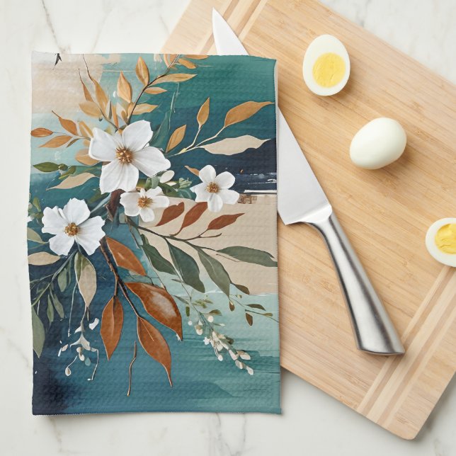 Colourful Leaves Floral Abstract Teal Blue Rust Ta Kitchen Towel (Quarter Fold)