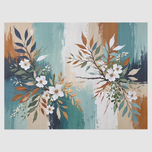 Colourful Leaves Floral Abstract Teal Blue Rust Ta Tissue Paper (Front)