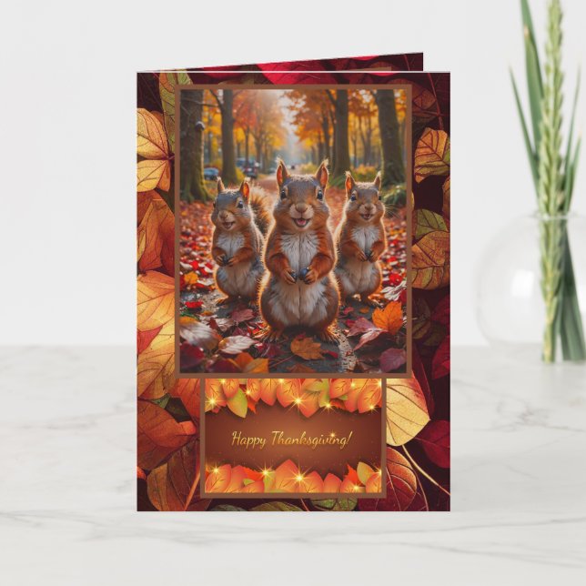 Colourful Leaves Funny Squirrel Thanksgiving Card (Front)