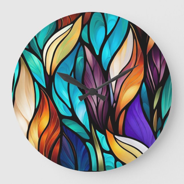 Colourful leaves in Stained Glass Look Large Clock (Front)