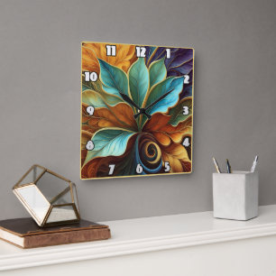 Colourful Leaves in Swirling Pattern Design Square Wall Clock