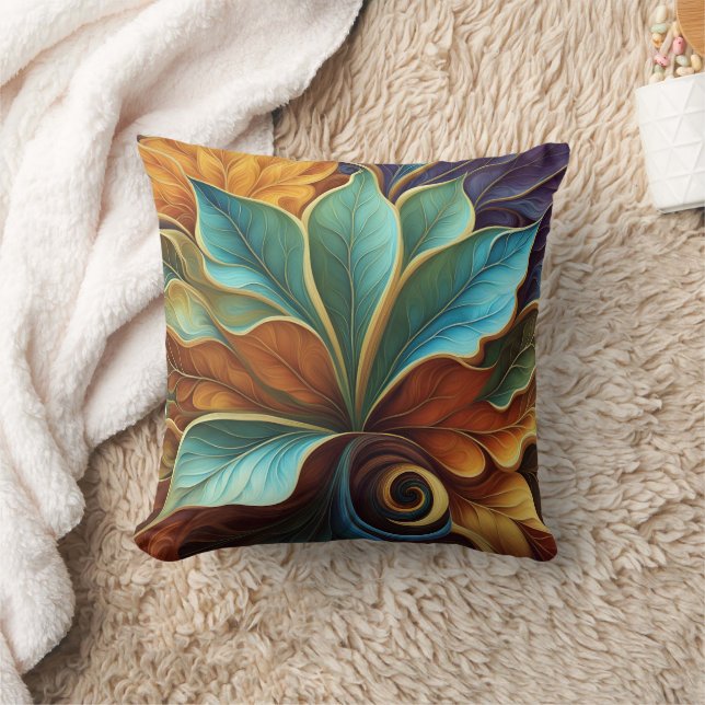 Colourful Leaves in Swirling Pattern Design Throw Pillow (Blanket)