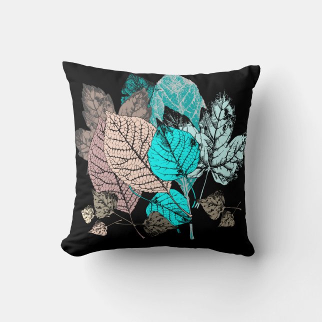 Colourful Leaves on Black, Aqua/Mauve/Earthtones Throw Pillow (Front)